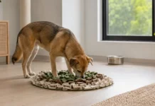 Hund im Sommer beschäftigen: 15 ruhige Ideen bei Hitze Hund sucht ruhig in einer Schnüffelmatte nach Futter