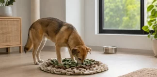 Hund im Sommer beschäftigen: 15 ruhige Ideen bei Hitze Hund sucht ruhig in einer Schnüffelmatte nach Futter