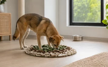 Hund im Sommer beschäftigen: 15 ruhige Ideen bei Hitze Hund sucht ruhig in einer Schnüffelmatte nach Futter