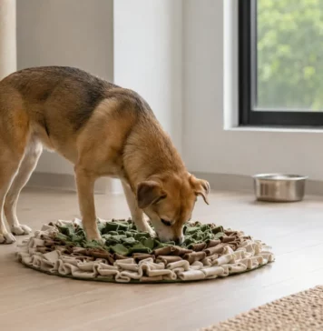 Hund im Sommer beschäftigen: 15 ruhige Ideen bei Hitze Hund sucht ruhig in einer Schnüffelmatte nach Futter