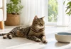 Katze bei Hitze abkühlen: Warnzeichen & 12 Tipps Katze ruht bei Hitze neben einem Wassernapf auf kühlen Fliesen