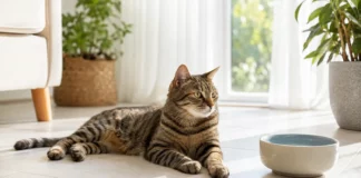 Katze bei Hitze abkühlen: Warnzeichen & 12 Tipps Katze ruht bei Hitze neben einem Wassernapf auf kühlen Fliesen