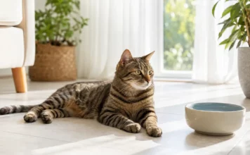 Katze bei Hitze abkühlen: Warnzeichen & 12 Tipps Katze ruht bei Hitze neben einem Wassernapf auf kühlen Fliesen