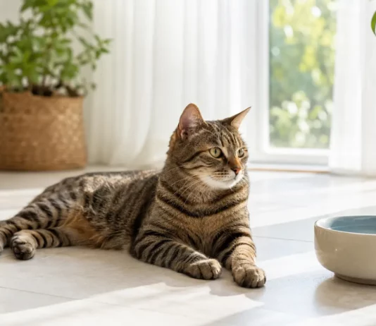 Katze bei Hitze abkühlen: Warnzeichen & 12 Tipps Katze ruht bei Hitze neben einem Wassernapf auf kühlen Fliesen
